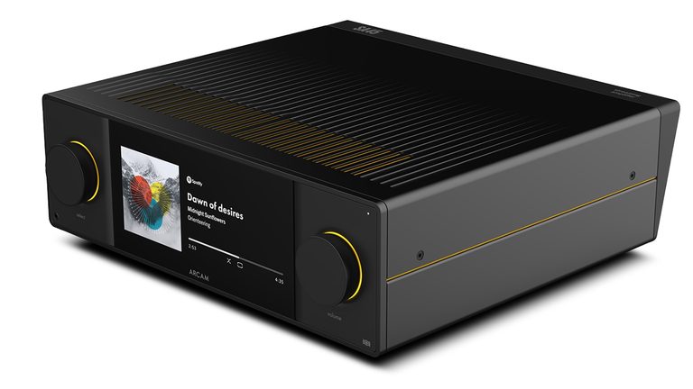 Arcam SA45 streaming integrated amplifier with OLED display and full-width aluminum chassis